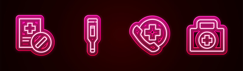 Set line Medical prescription, digital thermometer, Emergency phone call to hospital and First aid kit. Glowing neon icon. Vector