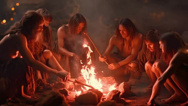 The cave residents gathered around the campfire. Stone age people with campfire. Stone age. Cavemen people sit near a campfire