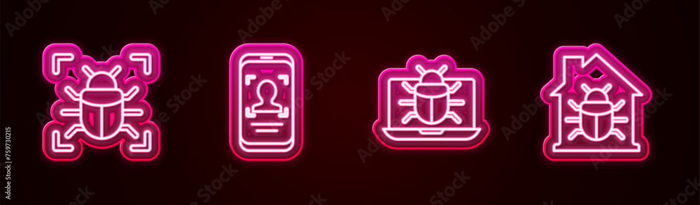 Poster set line system bug, mobile and face recognition, monitor and house system. glowing neon icon. vecto