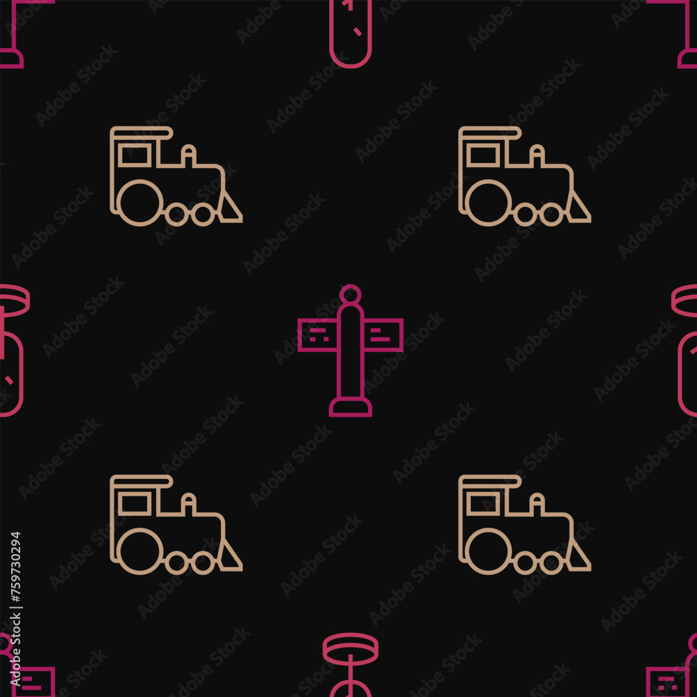 Poster set line tree, toy train and road traffic signpost on seamless pattern. vector