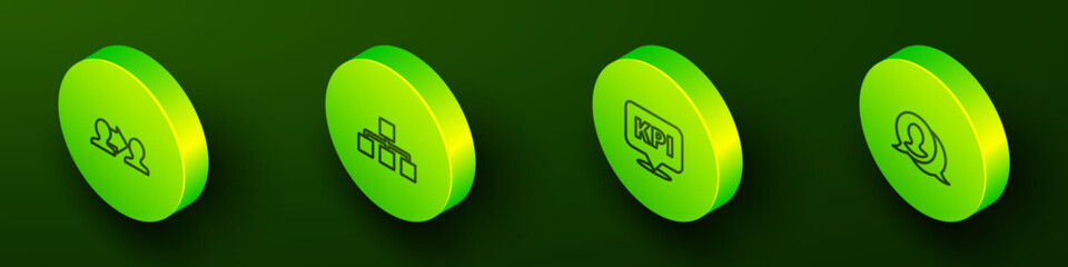 Set Isometric line Project team base, Hierarchy organogram chart, Key performance indicator and Speech bubble chat icon. Vector