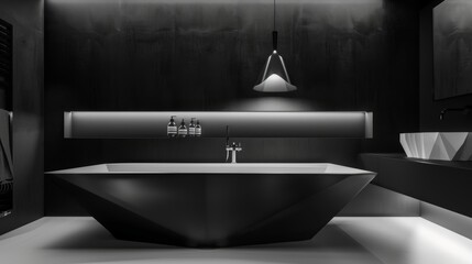 Monochromatic Minimalist Bathroom with Geometric Freestanding Bathtub Black and White.