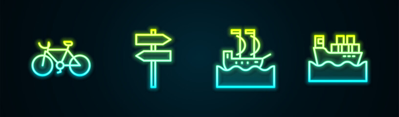 Set line Bicycle, Road traffic signpost, Sailboat and Cargo ship with boxes. Glowing neon icon. Vector