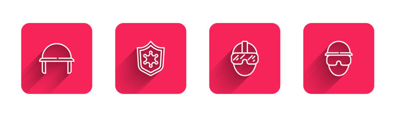 Set line Military helmet, Police badge, Special forces soldier and with long shadow. Red square button. Vector