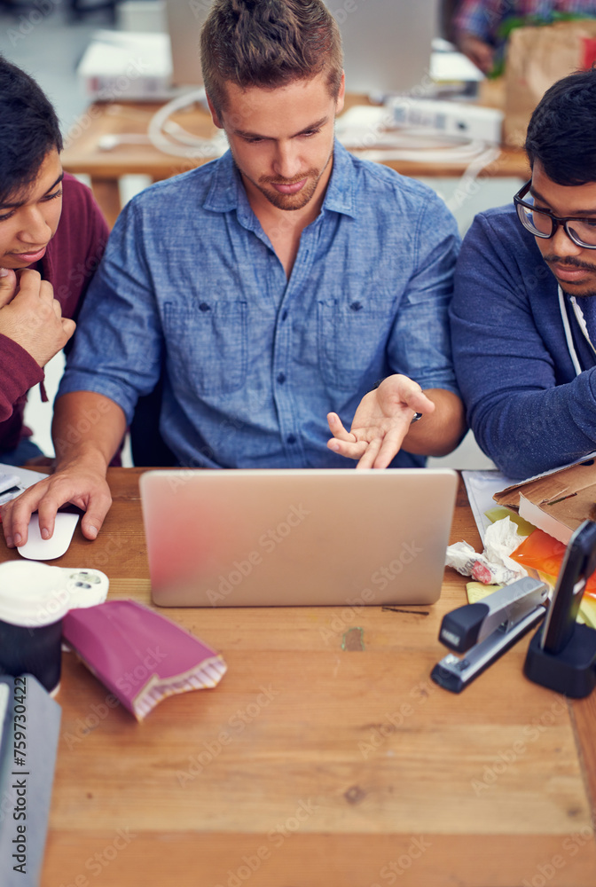 Poster Business team, men and laptop on internet with discussion for deadline, pointing and coworking company. Programmer, collaboration and working on project with talking, planning or software development