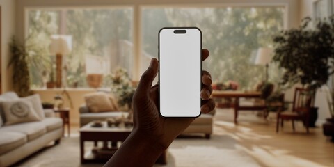 Black African-American man using smartphone with a blank white screen at home