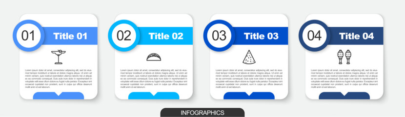 Set line Margarita cocktail, Taco with tortilla, Nachos and Maracas. Business infographic template. Vector