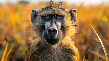 wildlife photography, authentic photo of a baboon in natural habitat, taken with telephoto lenses, for relaxing animal wallpaper and more - obrazy, fototapety, plakaty