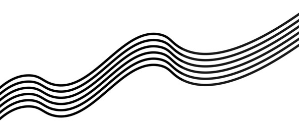 Black and white wavy bent ribbon element. Curved stripe shape background. Liquid abstract line wallpaper for banner, cover, poster, card, brochure, flyer. Optical art backdrop. Vector illustration
