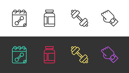 Set line Calendar fitness, Sports nutrition, Dumbbell and Smart watch hand on black and white. Vector