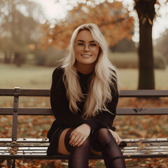 Beautiful Blonde Woman with Glasses Sitting on a Bench in an Autumn Park generative ai