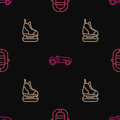 Set line Rafting boat, Skates and Vintage sport racing car on seamless pattern. Vector