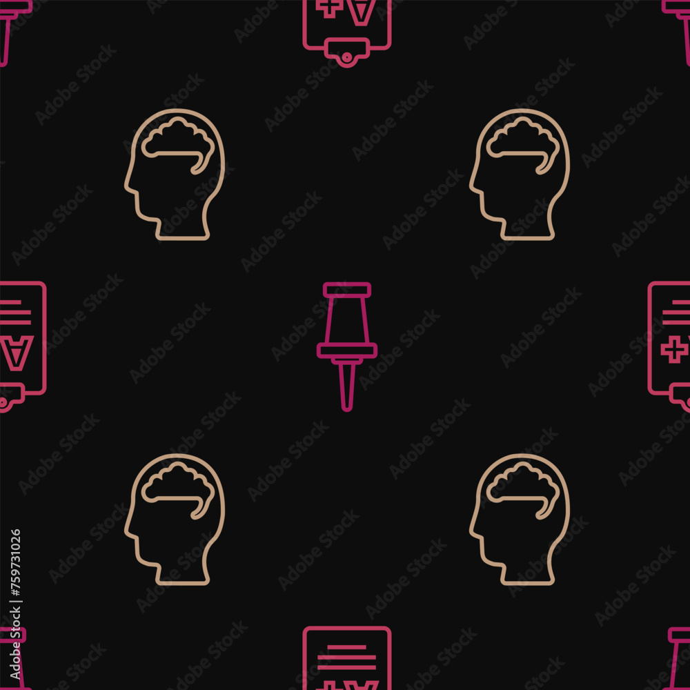 Poster set line exam sheet with a plus grade, human brain and push pin on seamless pattern. vector
