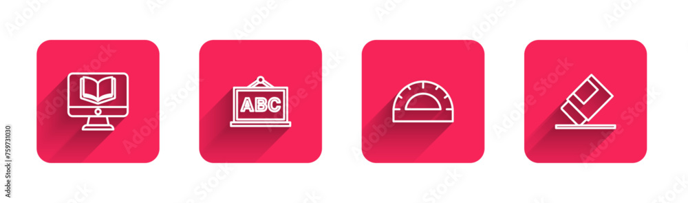 Poster set line online class, chalkboard, protractor grid and eraser rubber with long shadow. red square bu