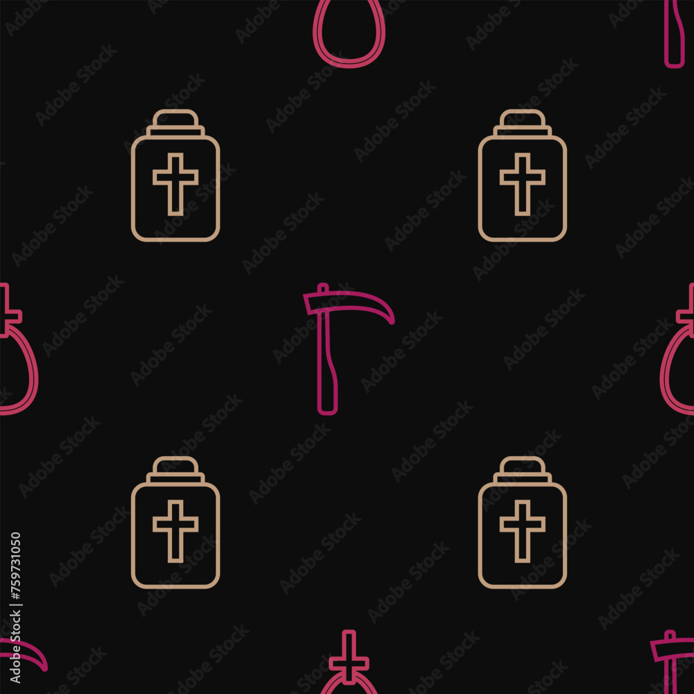 Poster set line christian cross on chain, funeral urn and scythe on seamless pattern. vector