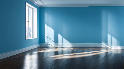 Fototapeta premium A blank house with blue walls and sunlight shining through the windows for product display, with text left blank