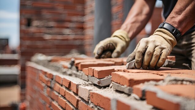 A worker building a brick wall with mason's hands