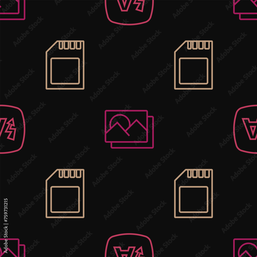 Aufkleber set line auto flash, sd card and photo frame on seamless pattern. vector