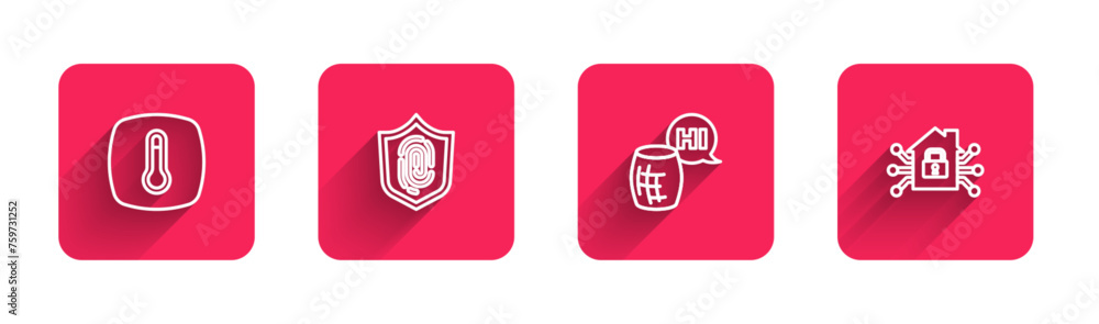 Poster set line thermostat, fingerprint, voice assistant and smart home with long shadow. red square button