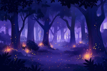 Draagtas A dark forest with mushrooms and glowing fireflies © Photo And Art Panda