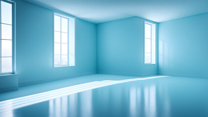 A blank house with blue walls and sunlight shining through the windows for product display, with text left blank
