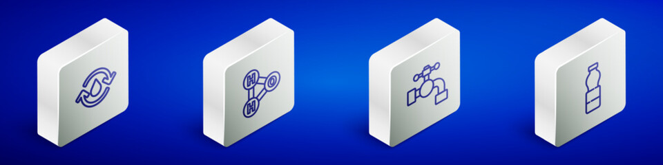 Set Isometric line Recycle clean aqua, Chemical formula for H2O, Water tap and Bottle of water icon. Vector