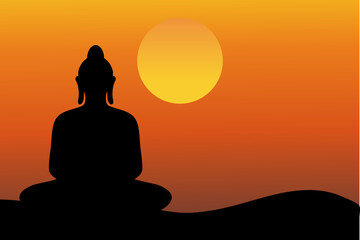Buddha meditating silhouette and sunset background illustration