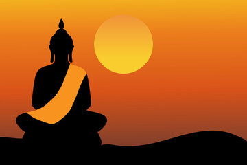 Buddha meditating silhouette and sunset background illustration