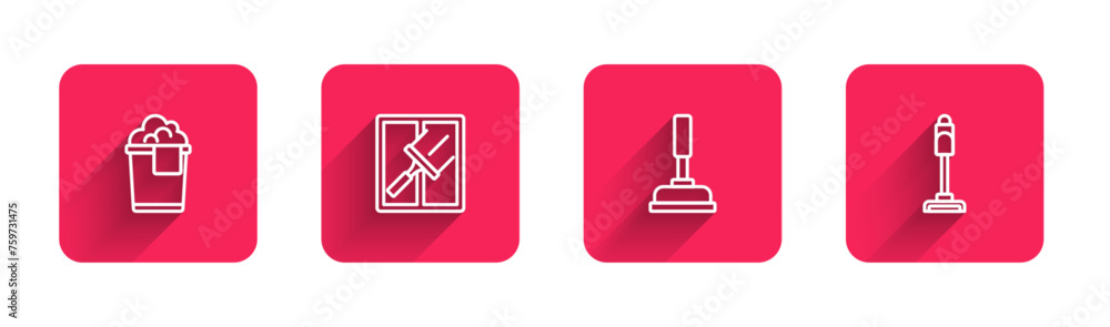 Poster set line bucket with foam, rubber cleaner for windows, plunger and vacuum with long shadow. red squa
