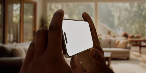 Black African-American man using smartphone with a blank white screen at home