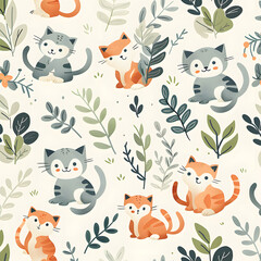 Comic Style Cat Pattern with Plants generative ai