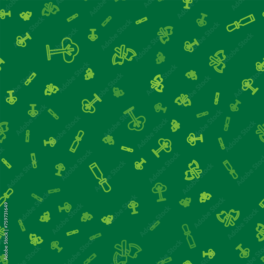 Poster set line tree, chisel tool and wooden axe on seamless pattern. vector