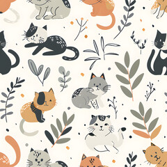 Comic Style Cat Pattern with Plants generative ai