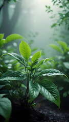 Green plant leaves in fog