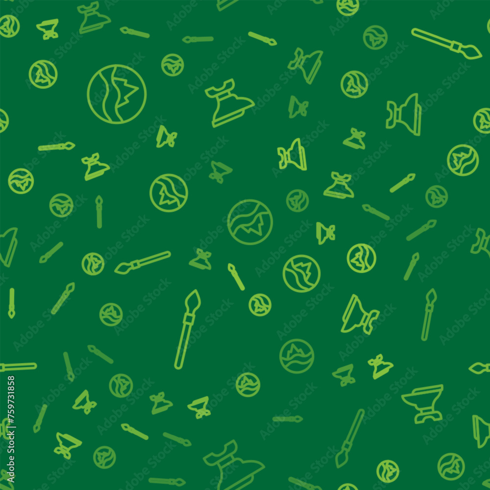 Poster set line sea and waves, medieval spear and anvil for blacksmithing on seamless pattern. vector
