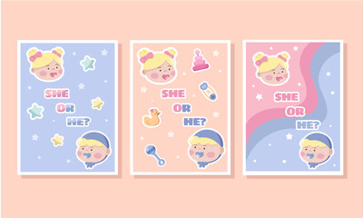 Set of baby shower invitations with cartoon toys, rattle, pyramid, duck and pin. Baptism of a newborn baby. She or he? Vector illustration