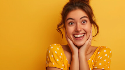 Surprised happy beautiful woman looking sideways in excitement on yellow color background...