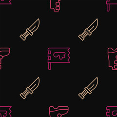 Set line Ancient viking boots, Dagger and Viking flag on seamless pattern. Vector