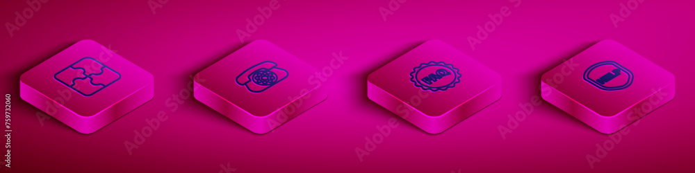 Poster set isometric line piece of puzzle, telephone, label with text faq and shield help icon. vector
