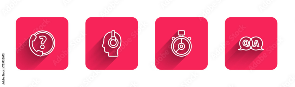 Poster set line telephone 24 hours support, support operator in touch, stopwatch and question and answer wi