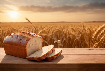 Loaf of Bread on Wooden Table against the background of wheat ears at sunset