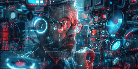 Obraz premium Human-like cyber entity is overlaid with a futuristic digital interface, obscuring its face