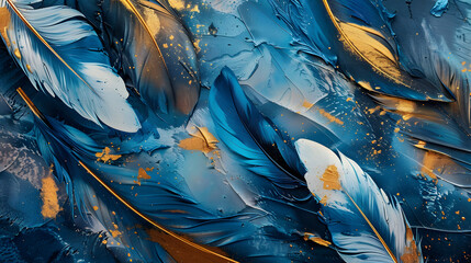 An abstract artistic background. An illustration of feathers, blues and gold brushstrokes. A...
