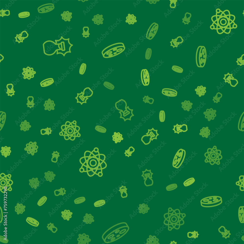 Poster set line explosion in the flask, atom and petri dish with bacteria on seamless pattern. vector