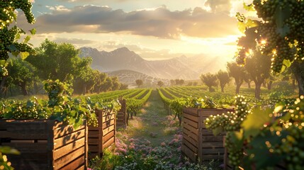 A sunny vineyard with export crates representing Free Trade Agreements - obrazy, fototapety, plakaty