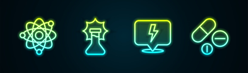 Set line Atom, Explosion in the flask, Lightning bolt and Medicine pill or tablet. Glowing neon icon. Vector