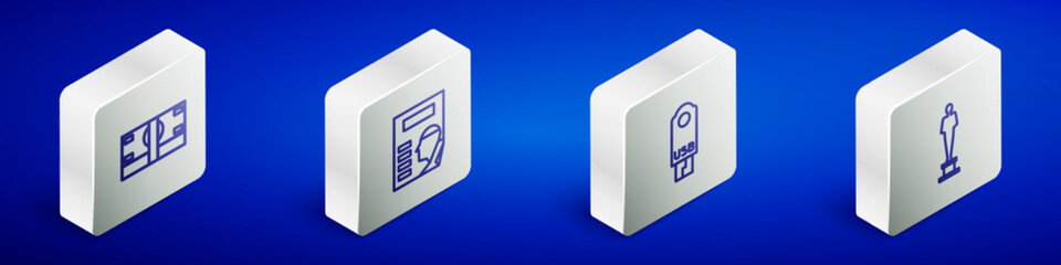 Set Isometric line Stacks paper money cash, Cinema poster, USB flash drive and Movie trophy icon. Vector