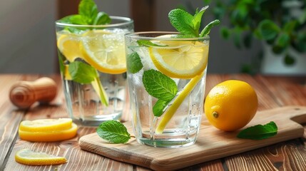 Fototapeta premium Lemonade with lemon slices, mint, ice and lime on a wooden board