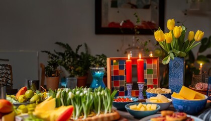 Naklejka na ściany i meble Nowruz haft seen table a cultural display for the persian new year, nowruz celebration