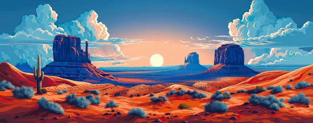 Crédence de cuisine en verre imprimé Bleu Jeans Landscapes Of The Wild West. Illustration On The Theme Of The Wild West, Cowboys, Territories And History. Generative AI